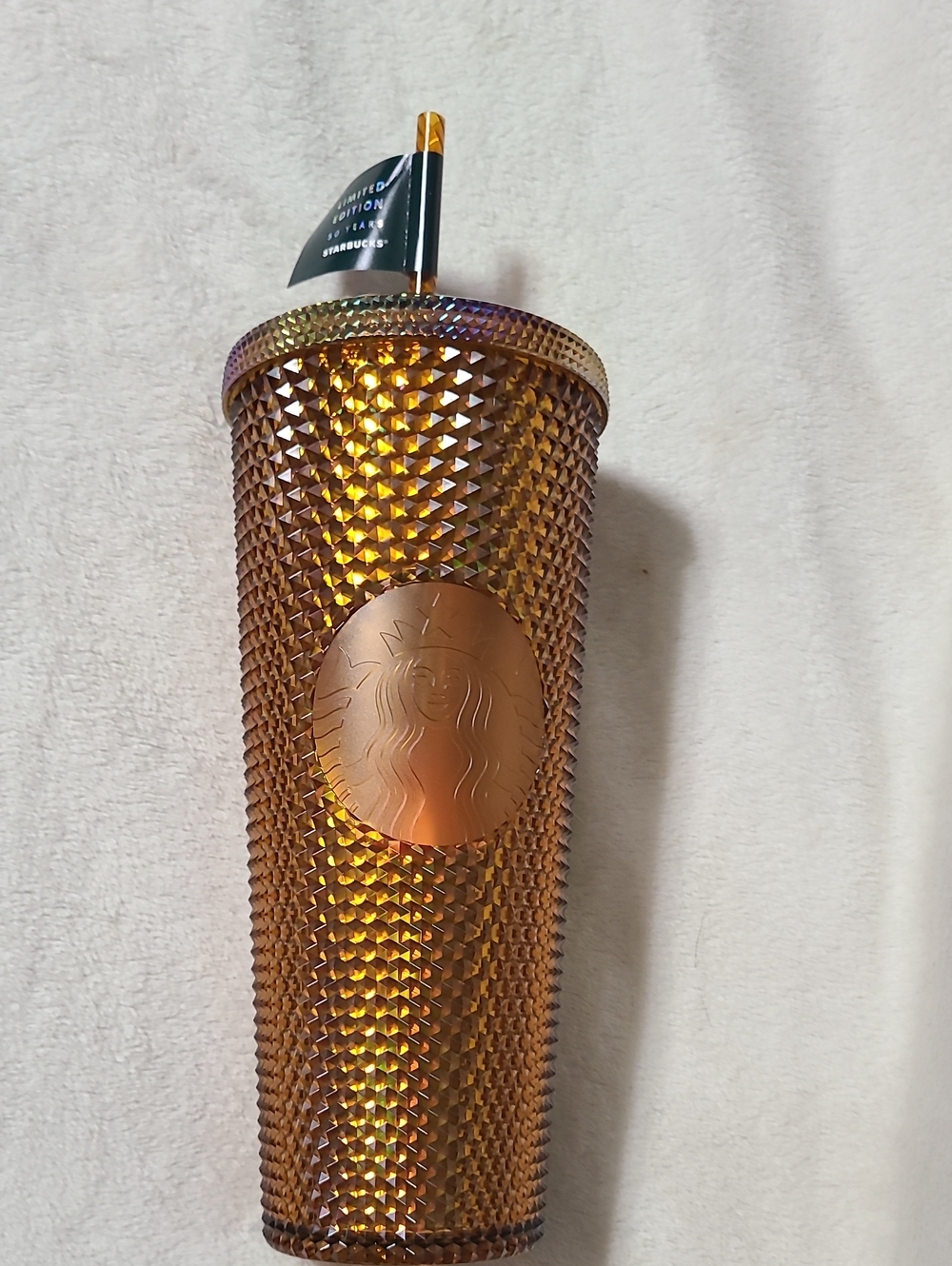 Starbucks 50 Year Limited Edition  Iridescent Studded Gold Tumbler with Straw